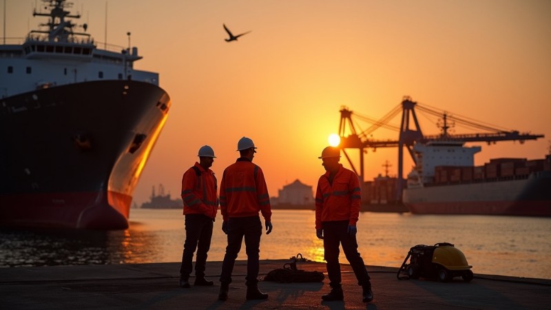 24/7 Maritime Operations and Dockhand Shift Scheduling, Concept art for illustrative purpose, tags: voor onafgebroken maritiem - Monok